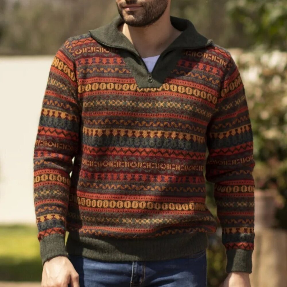 Novica Mountain Sunset Fair Isle Alpaca Art Knit Peru Pullover Sweater Nordic XL